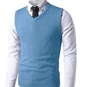 LTIFONE Men's Classic V-Neck Cotton Sweater Vest Slim Fit - Sky Blue